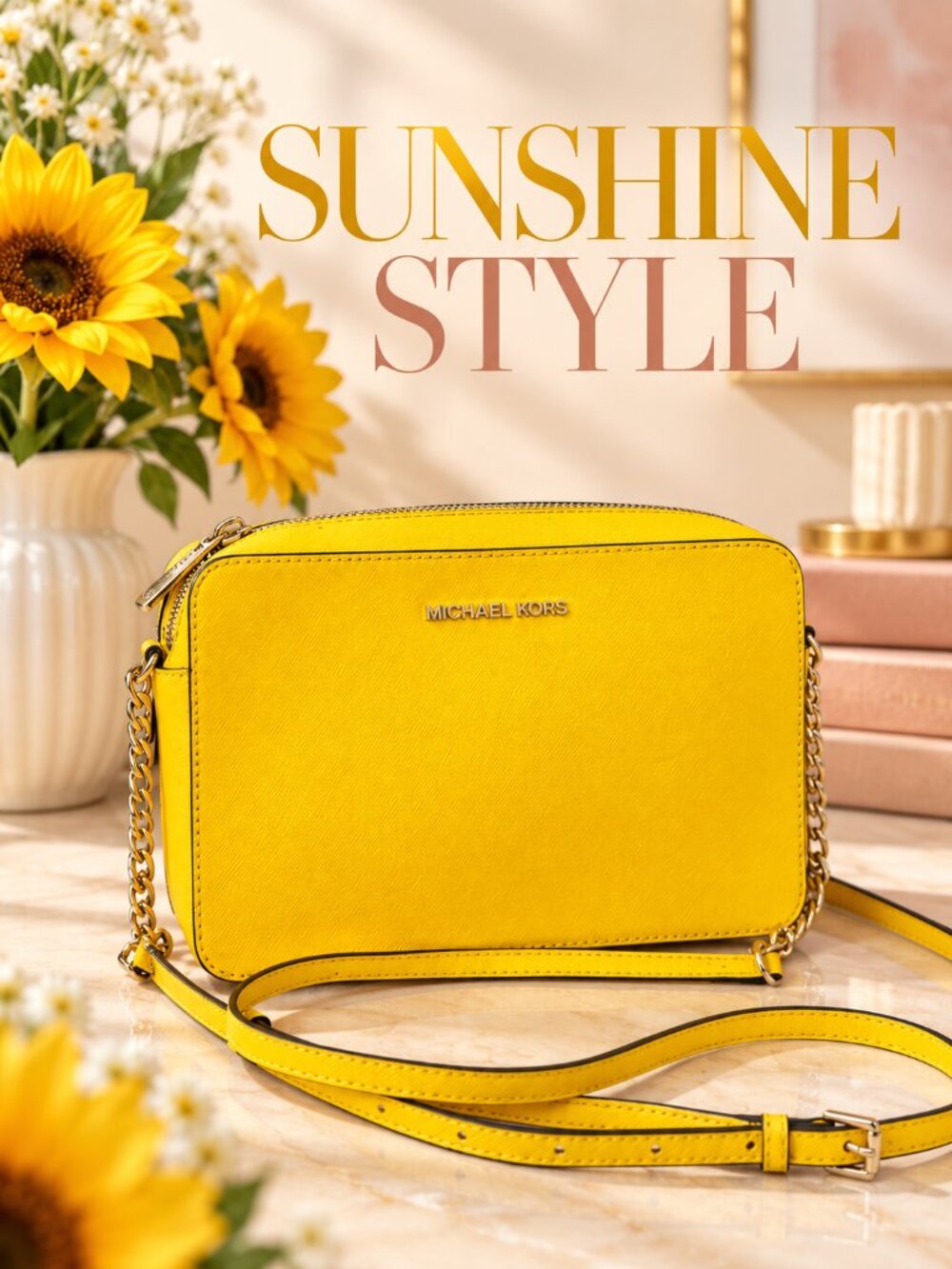 Michael Kors Yellow Saffiano Leather Camera Crossbody Bag
